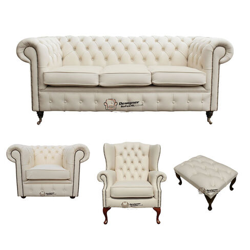 Chesterfield 3 Seater Sofa + Club Chair + Mallory Wing Chair + Footstool Leather Sofa Suite Offer Ivory