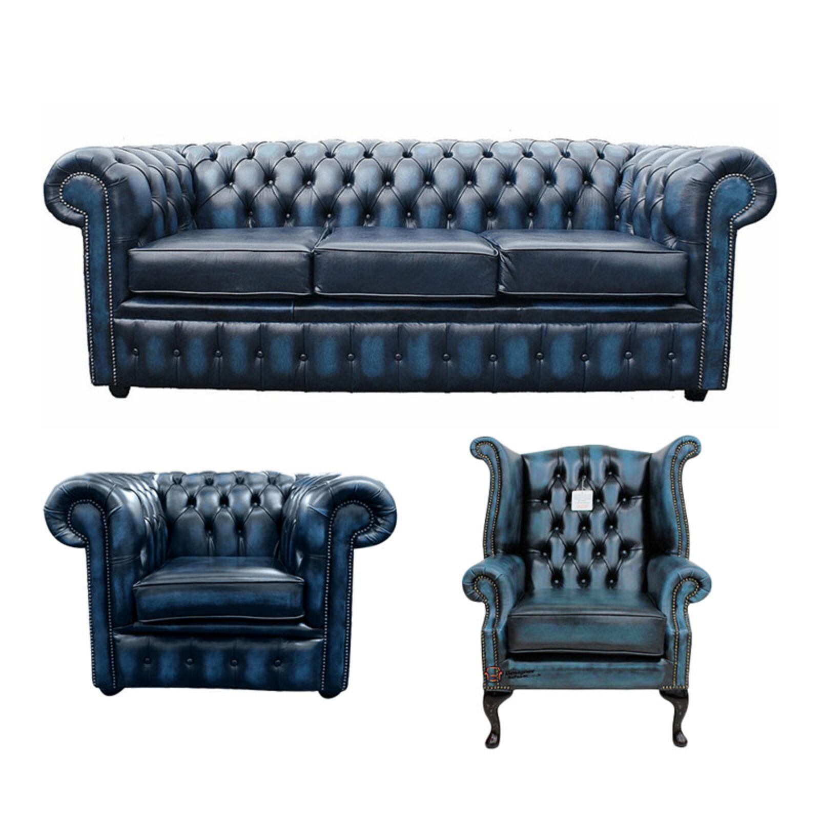 Product photograph of Chesterfield 3 Seater Sofa Club Chair Queen Anne Wing Chair Leather Sofa Suite Offer Antique Blue from Designer Sofas 4U