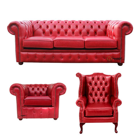 Chesterfield 3 Seater Sofa + Club Chair + Queen Anne Chair Old English Gamay Red Leather Sofa Offer
