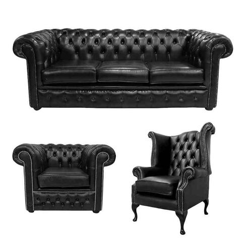Chesterfield 3 Seater Sofa + Club Chair + Queen Anne Chair Old English Black Leather Sofa Offer