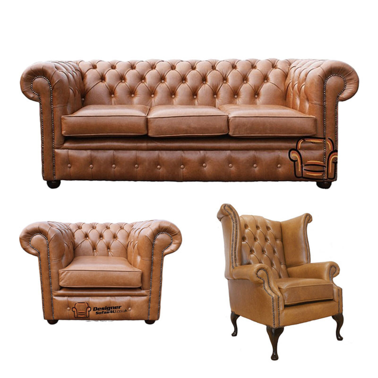 Product photograph of Chesterfield 3 Seater Sofa Club Chair Queen Anne Chair Old English Tan Leather Sofa Offer from Designer Sofas 4U