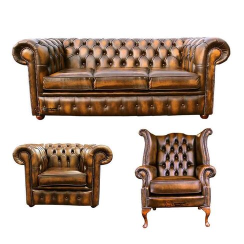 Chesterfield 3 Seater Sofa + Club Chair + Queen Anne Wing Chair Leather Sofa Suite Offer Antique Gold