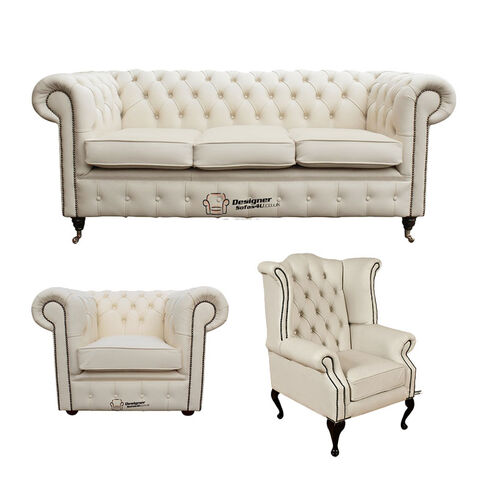 Chesterfield 3 Seater Sofa + Club Chair + Queen Anne Wing Chair Leather Sofa Suite Offer Ivory