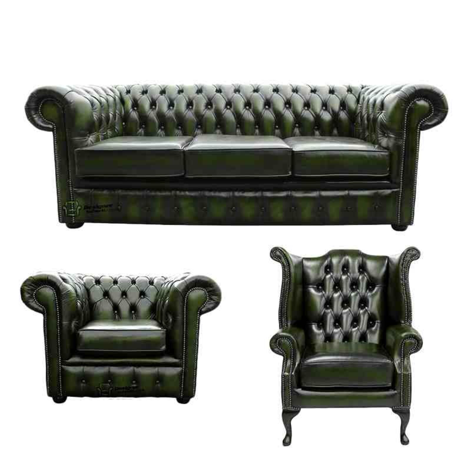 Product photograph of Chesterfield 3 Piece Suite 3 Seater Sofa Club Chair Queen Anne Wing Chair Leather Sofa Suite Offer Antique Green from Designer Sofas 4U