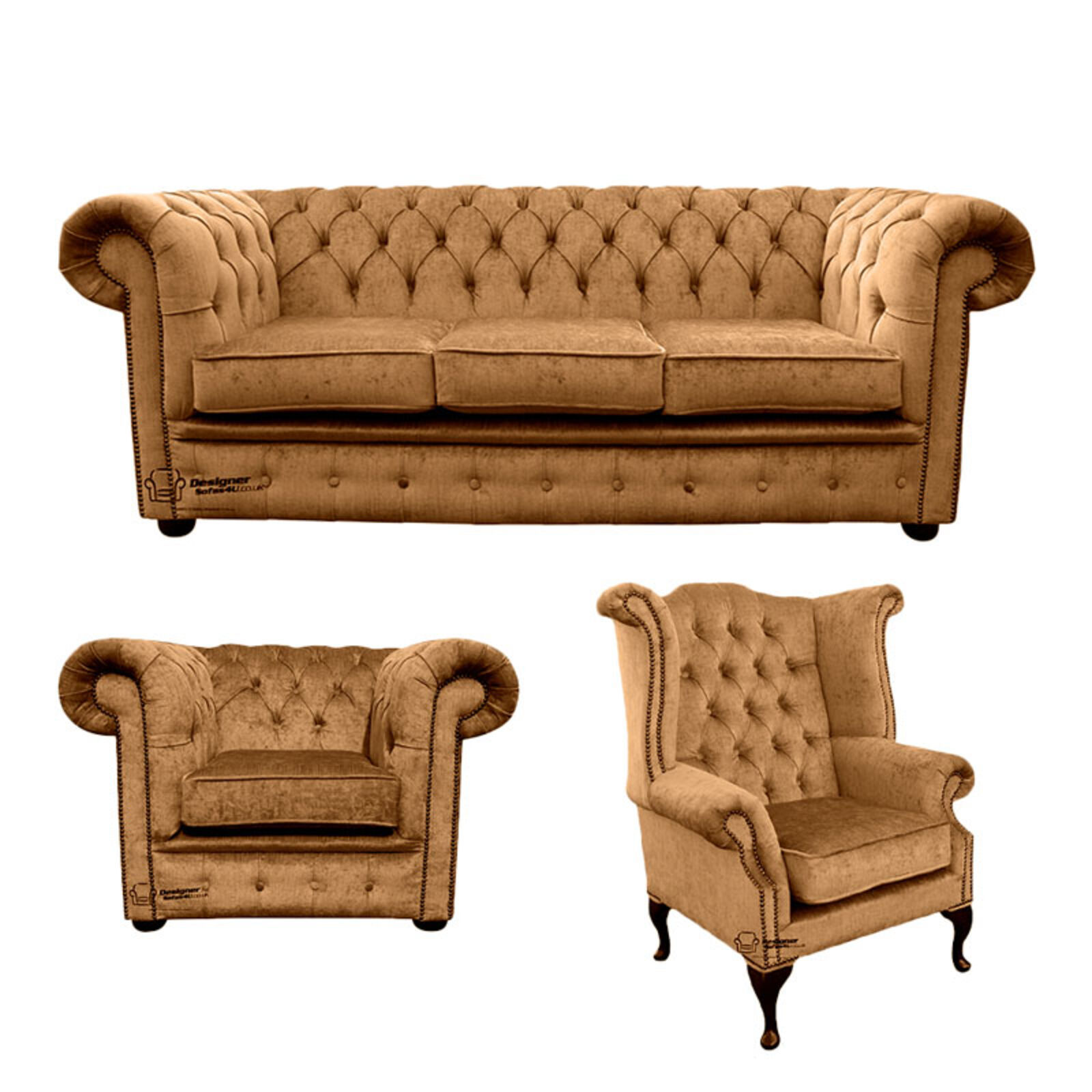 Product photograph of Chesterfield 3 Seater Sofa Club Chair Queen Anne Chair Harmony Gold Velvet Sofa Suite Offer from Designer Sofas 4U