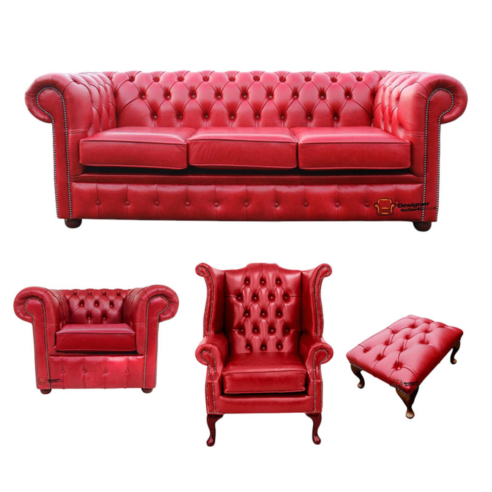 Product photograph of Chesterfield 3 Seater Sofa Club Chair Queen Anne Chair Footstool Old English Gamay Red Leather Sofa Offer from Designer Sofas 4U