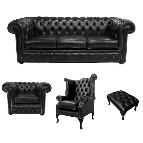 Chesterfield 3 Seater Sofa + Club Chair + Queen Anne Chair + Footstool Old English Black Leather Sofa Offer