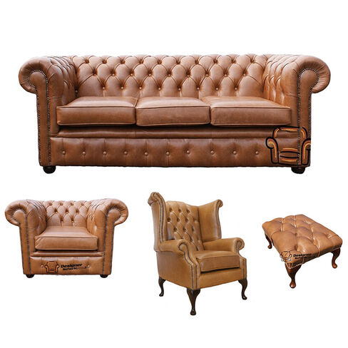 Chesterfield 3 Seater Sofa + Club Chair + Queen Anne Chair + Footstool Old English Tan Leather Sofa Offer