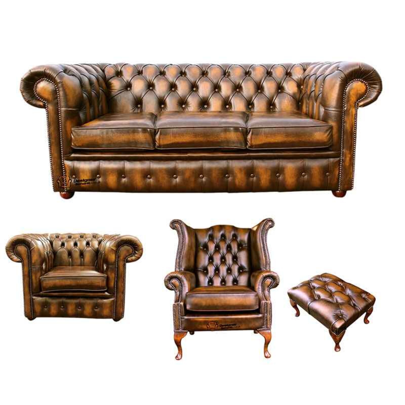 Product photograph of Chesterfield 3 Seater Sofa Club Chair Queen Anne Wing Chair Footstool Leather Sofa Suite Offer Antique Gold from Designer Sofas 4U