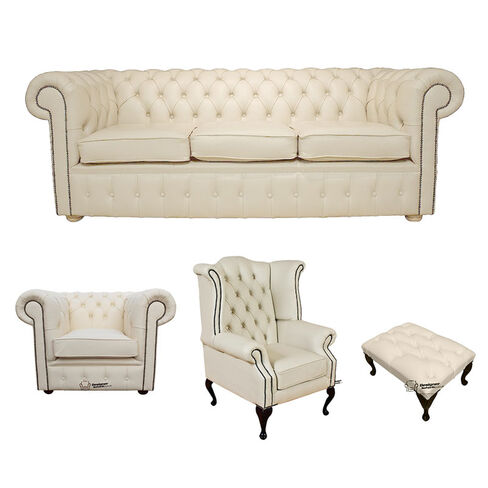 Chesterfield 3 Seater Sofa + Club Chair + Queen Anne Wing Chair + Footstool Leather Sofa Suite Offer Cottonseed Cream