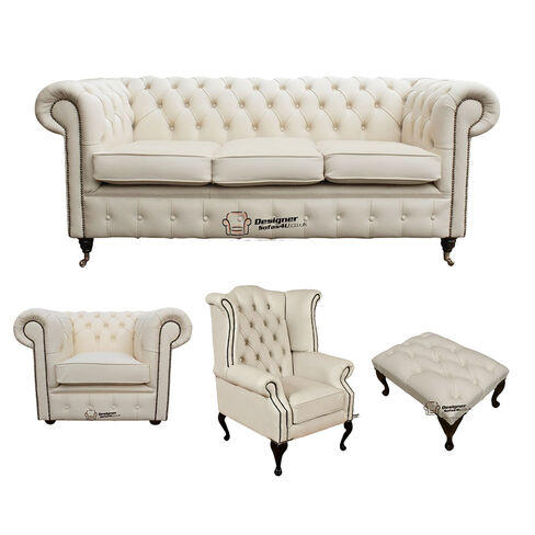 Chesterfield 3 Seater Sofa + Club Chair + Queen Anne Wing Chair + Footstool Leather Sofa Suite Offer Ivory