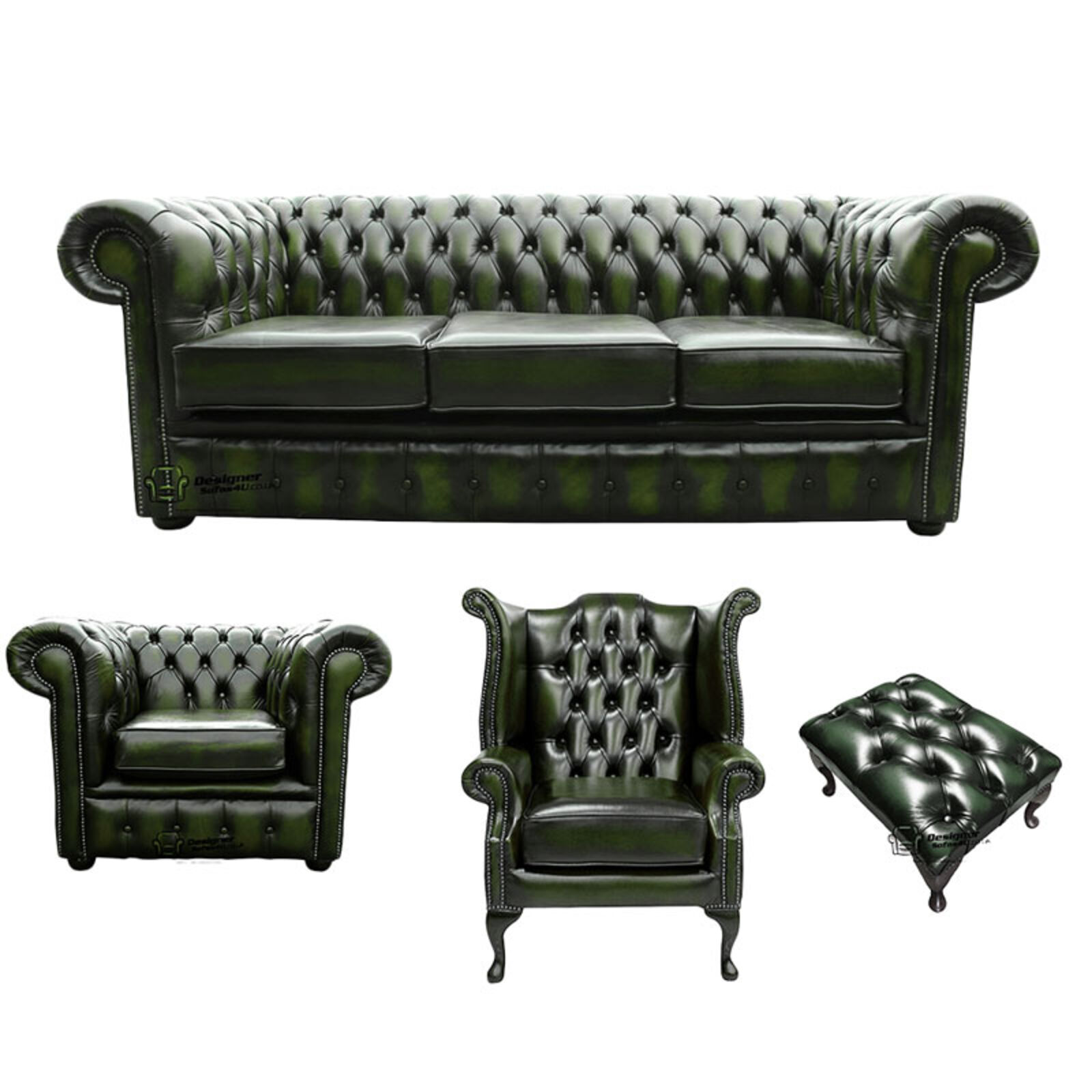 Product photograph of Chesterfield 3 Seater Sofa Club Chair Queen Anne Wing Chair Footstool Leather Sofa Suite Offer Antique Green from Designer Sofas 4U