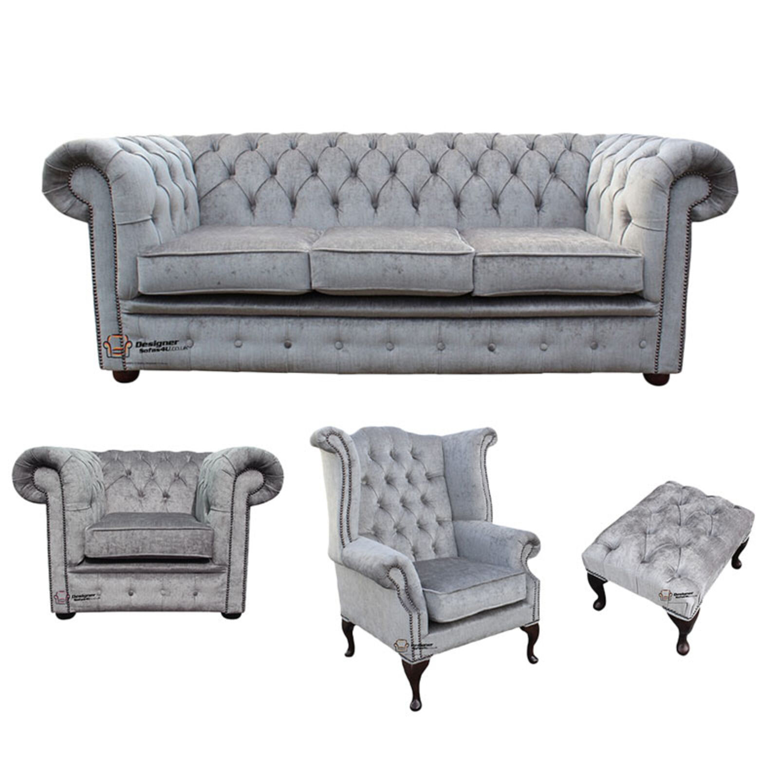 Product photograph of Chesterfield 3 Seater Sofa Club Chair Queen Anne Chair Footstool Harmony Dusk Velvet Sofa Suite Offer from Designer Sofas 4U