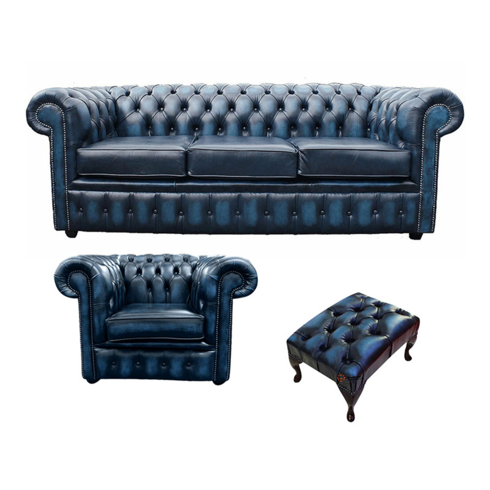 Product photograph of Chesterfield 3 Seater Sofa Club Chair Footstool Leather Sofa Suite Offer Antique Blue from Designer Sofas 4U