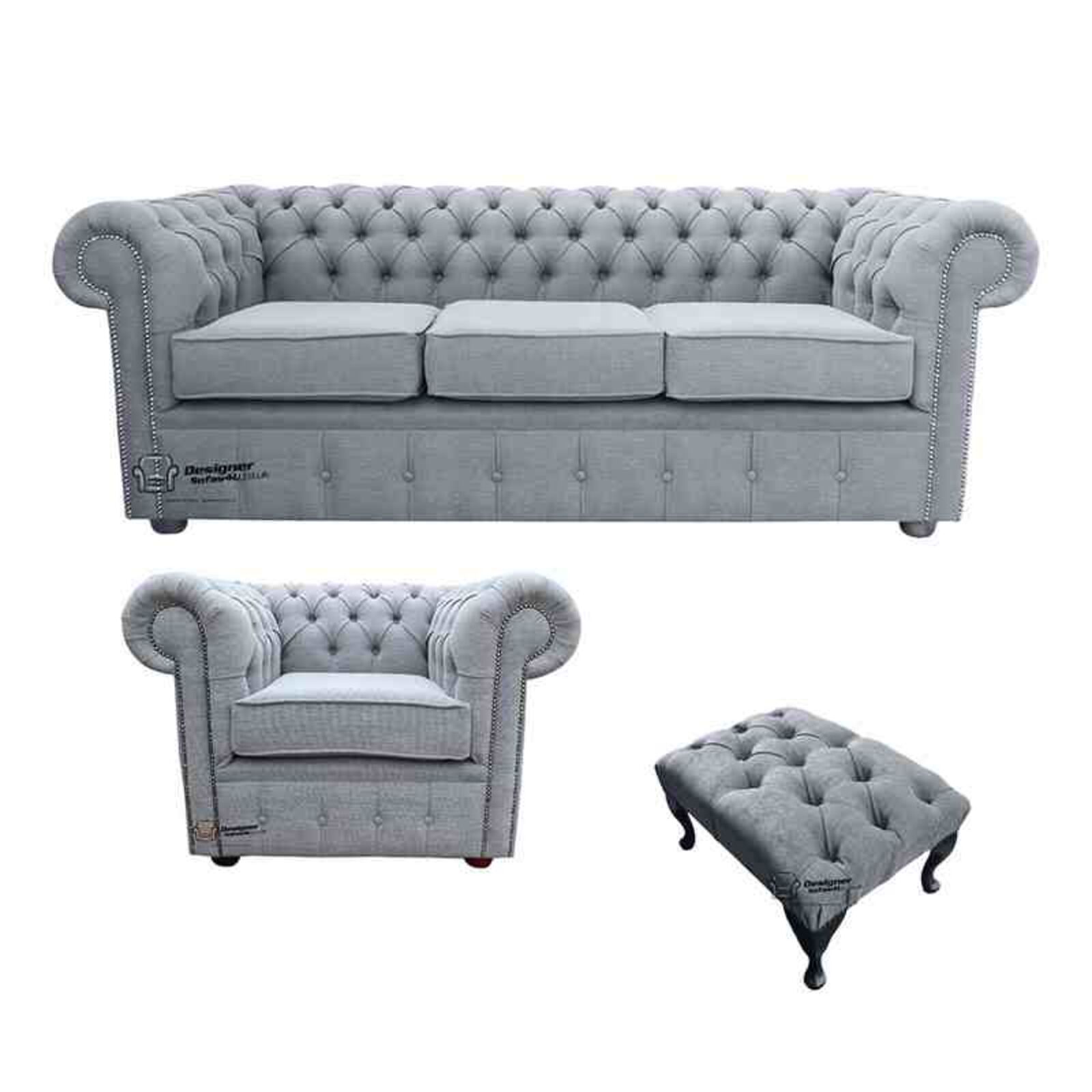 Product photograph of Chesterfield 3 Seater Sofa Club Chair Footstool Verity Plain Steel Fabric Sofa Suite Offer from Designer Sofas 4U