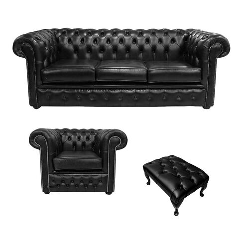 Chesterfield 3 Seater Sofa + Club Chair + Footstool Old English Black Leather Sofa Offer