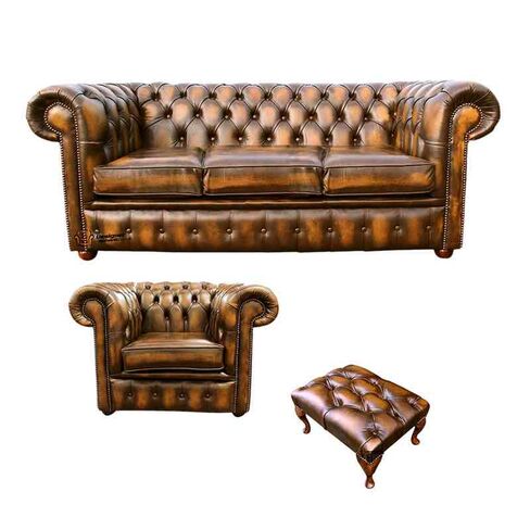 Chesterfield 3 Seater Sofa + Club Chair + Footstool Leather Sofa Suite Offer Antique Gold