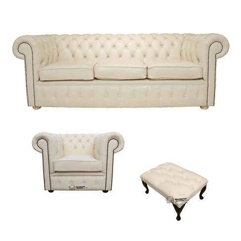 Chesterfield 3 Seater Sofa + Club Chair + Footstool Leather Sofa Suite Offer Cottonseed Cream