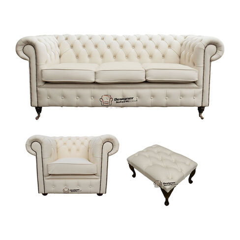Chesterfield 3 Seater Sofa + Club Chair + Footstool Leather Sofa Suite Offer Ivory