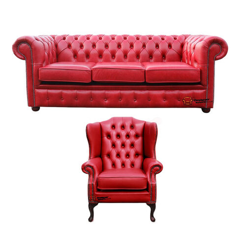 Chesterfield 3 Seater Sofa + Mallory Wing Chair Old English Gamay Red Leather Sofa Offer