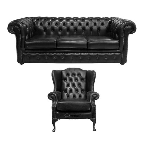Chesterfield 3 Seater Sofa + Mallory Wing Chair Old English Black Leather Sofa Offer