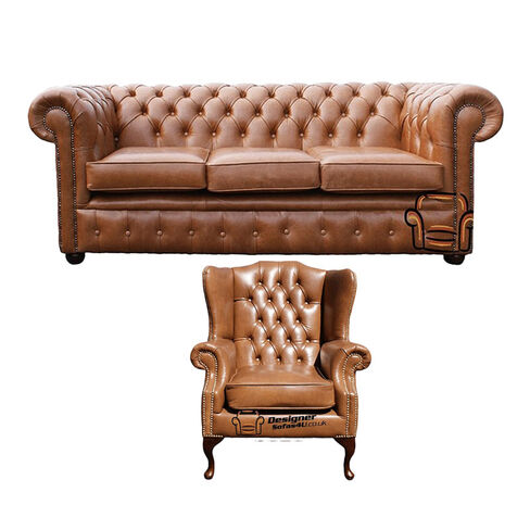 Chesterfield 3 Seater Sofa + Mallory Wing Chair Old English Tan Leather Sofa Offer