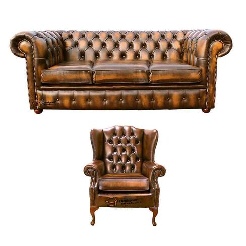 Chesterfield 3 Seater Sofa + Mallory Wing Chair Leather Sofa Suite Offer Antique Gold