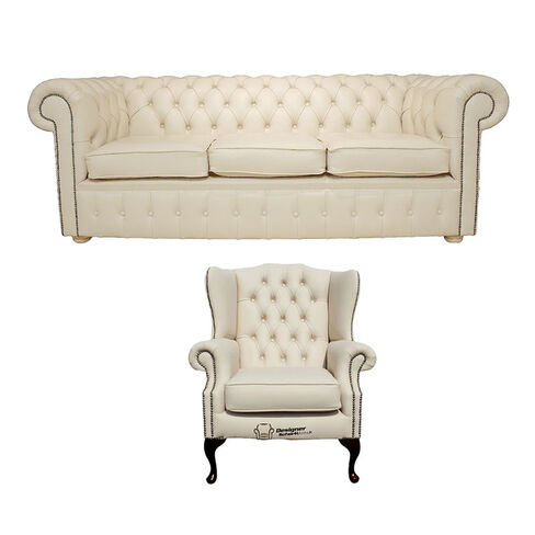 Chesterfield 3 Seater Sofa + Mallory Wing Chair Leather Sofa Suite Offer Cottonseed Cream