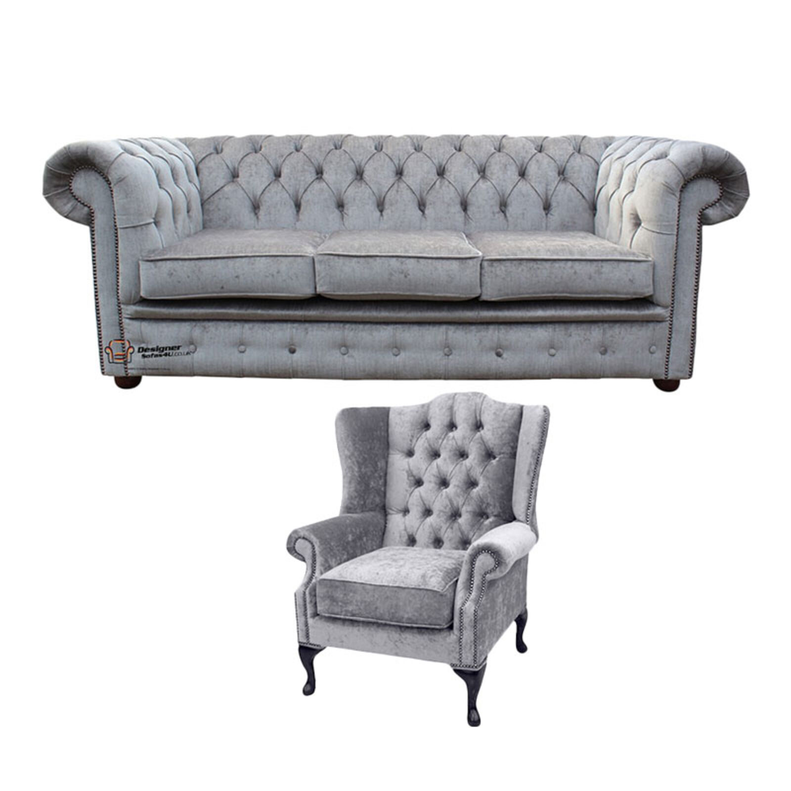 Product photograph of Chesterfield 3 Seater Sofa Mallory Wing Chair Perla Illusions Velvet Sofa Suite Offer from Designer Sofas 4U
