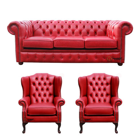 Chesterfield 3 Seater Sofa + 2 x Mallory Wing Chairs Old English Gamay Red Leather Sofa Offer