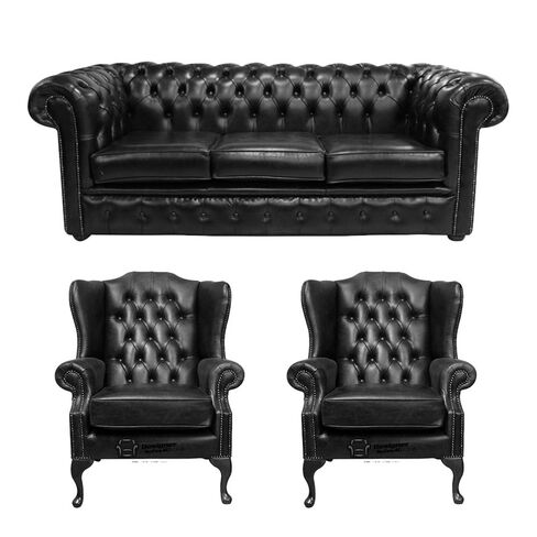 Chesterfield 3 Seater Sofa + 2 x Mallory Wing Chairs Old English Black Leather Sofa Offer