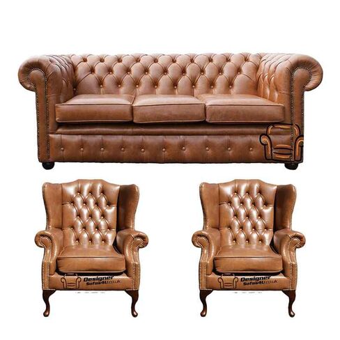 Chesterfield 3 Seater Sofa + 2 x Mallory Wing Chairs Old English Tan Leather Sofa Offer