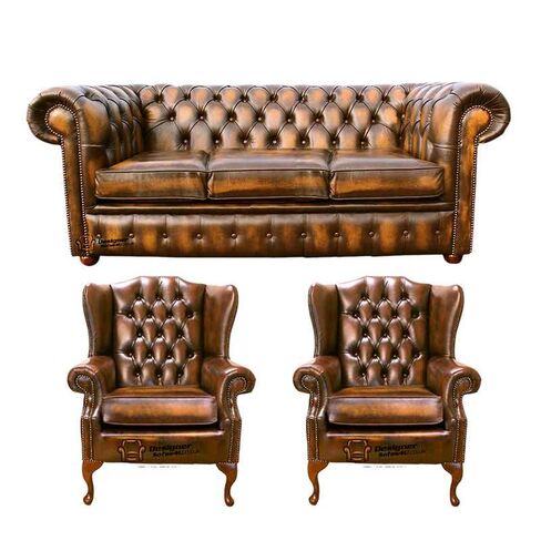 Chesterfield 3 Seater Sofa + 2 x Mallory Wing Chairs Leather Sofa Suite Offer Antique Gold
