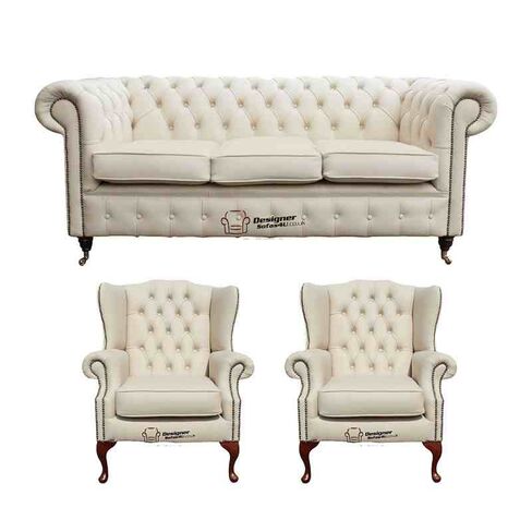 Chesterfield 3 Seater Sofa + 2 x Mallory Wing Chairs Leather Sofa Suite Offer Cottonseed Cream