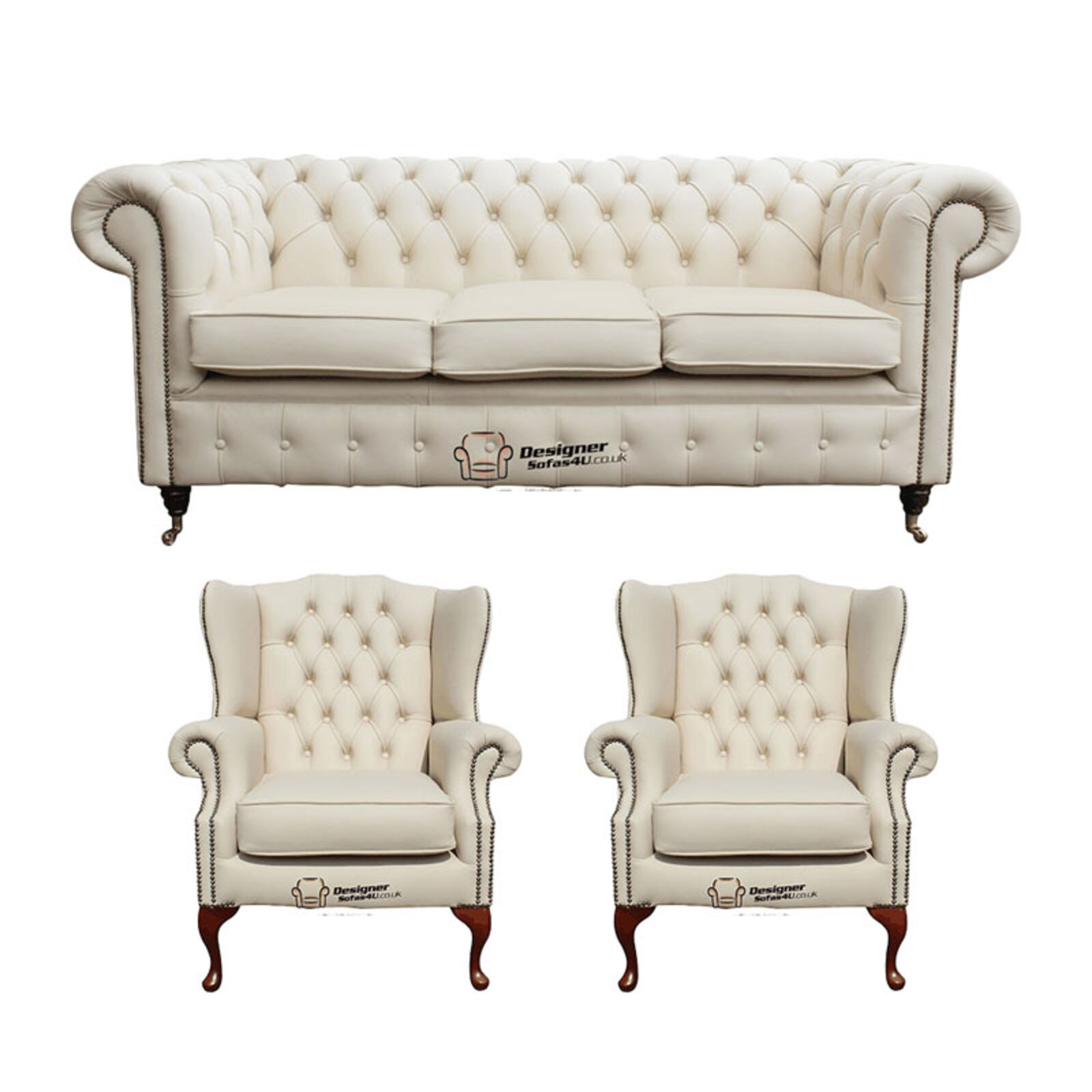 Product photograph of Chesterfield 3 Seater Sofa 2 X Mallory Wing Chairs Leather Sofa Suite Offer Ivory from Designer Sofas 4U