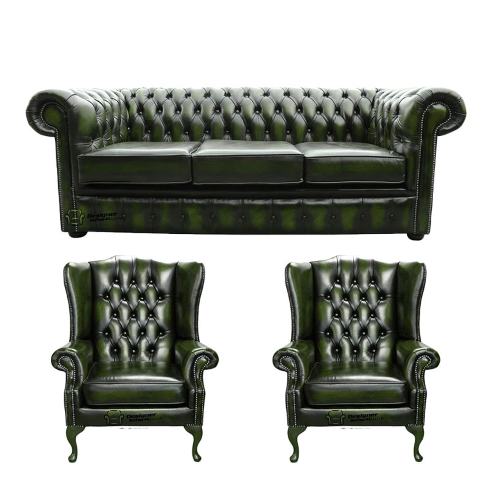 Product photograph of Chesterfield 3 Seater Sofa 2 X Mallory Wing Chairs Leather Sofa Suite Offer Antique Green from Designer Sofas 4U