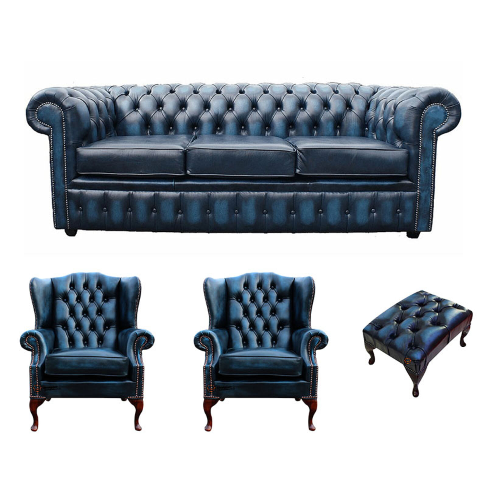 Product photograph of Chesterfield 3 Seater Sofa 2 X Mallory Wing Chair Footstool Leather Sofa Suite Offer Antique Blue from Designer Sofas 4U