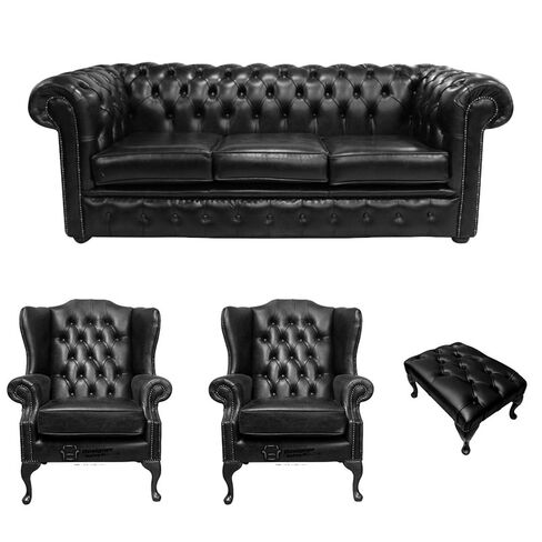 Chesterfield 3 Seater Sofa + 2 x Mallory Wing Chairs + Footstool Old English Black Leather Sofa Offer