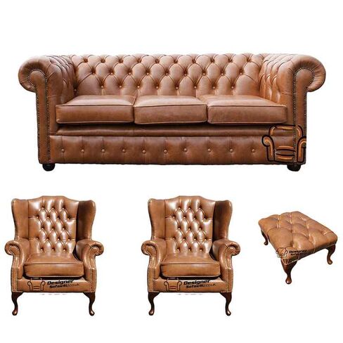 Chesterfield 3 Seater Sofa + 2 x Mallory Wing Chairs + Footstool Old English Tan Leather Sofa Offer