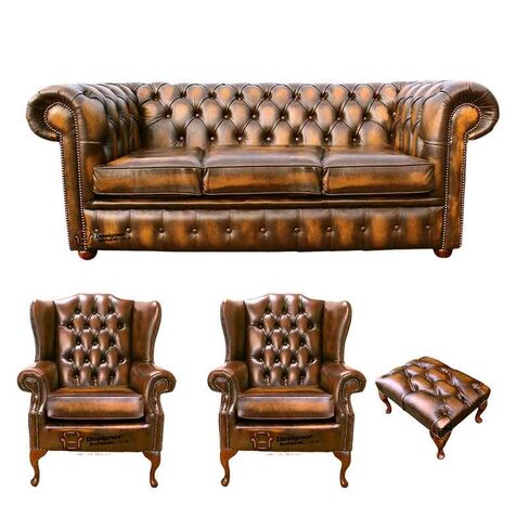 Chesterfield 3 Seater Sofa + 2 x Mallory Wing Chair + Footstool Leather Sofa Suite Offer Antique Gold