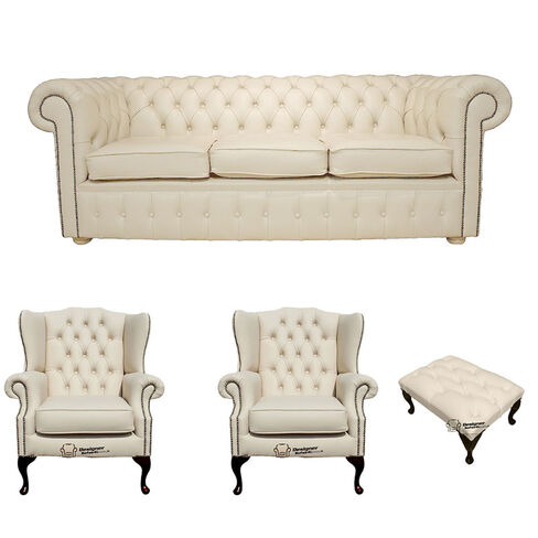 Chesterfield 3 Seater Sofa + 2 x Mallory Wing Chair + Footstool Leather Sofa Suite Offer Cottonseed Cream