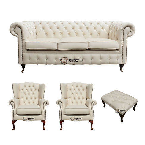 Chesterfield 3 Seater Sofa + 2 x Mallory Wing Chair + Footstool Leather Sofa Suite Offer Ivory