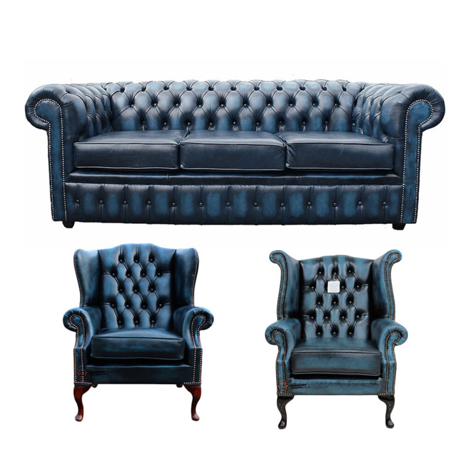 Product photograph of Chesterfield 3 Seater Sofa 1 X Mallory Wing Chair 1 X Queen Anne Wing Chair Leather Sofa Suite Offer Antique Blue from Designer Sofas 4U