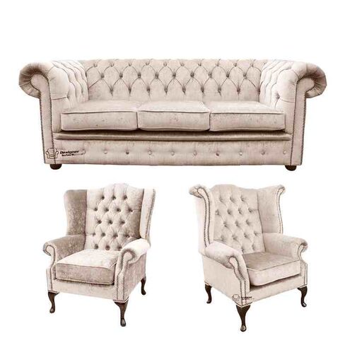 Chesterfield 3 Seater Sofa + 1 x  Mallory Wing Chair + 1 x Queen Anne Wing Chair Harmony Ivory Velvet Sofa Suite Offer