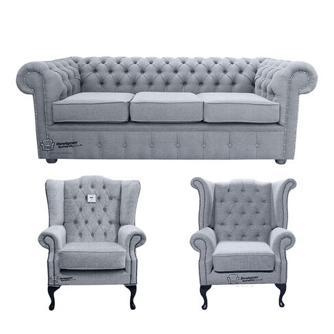 Chesterfield 3 Seater Sofa + 1 x  Mallory Wing Chair + 1 x Queen Anne Wing Chair Verity Plain Steel Fabric Sofa Suite Offer