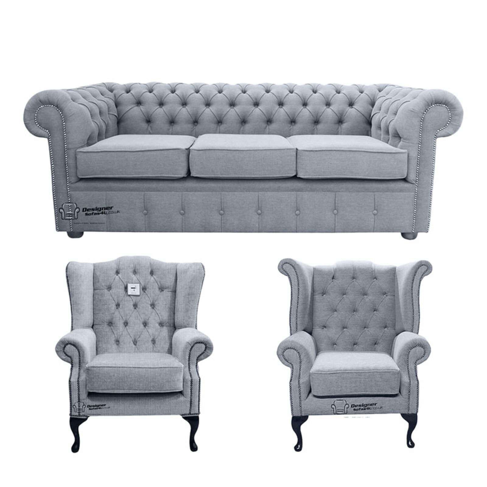 Product photograph of Chesterfield 3 Seater Sofa 1 X Mallory Wing Chair 1 X Queen Anne Wing Chair Verity Plain Steel Fabric Sofa Suite Offer from Designer Sofas 4U