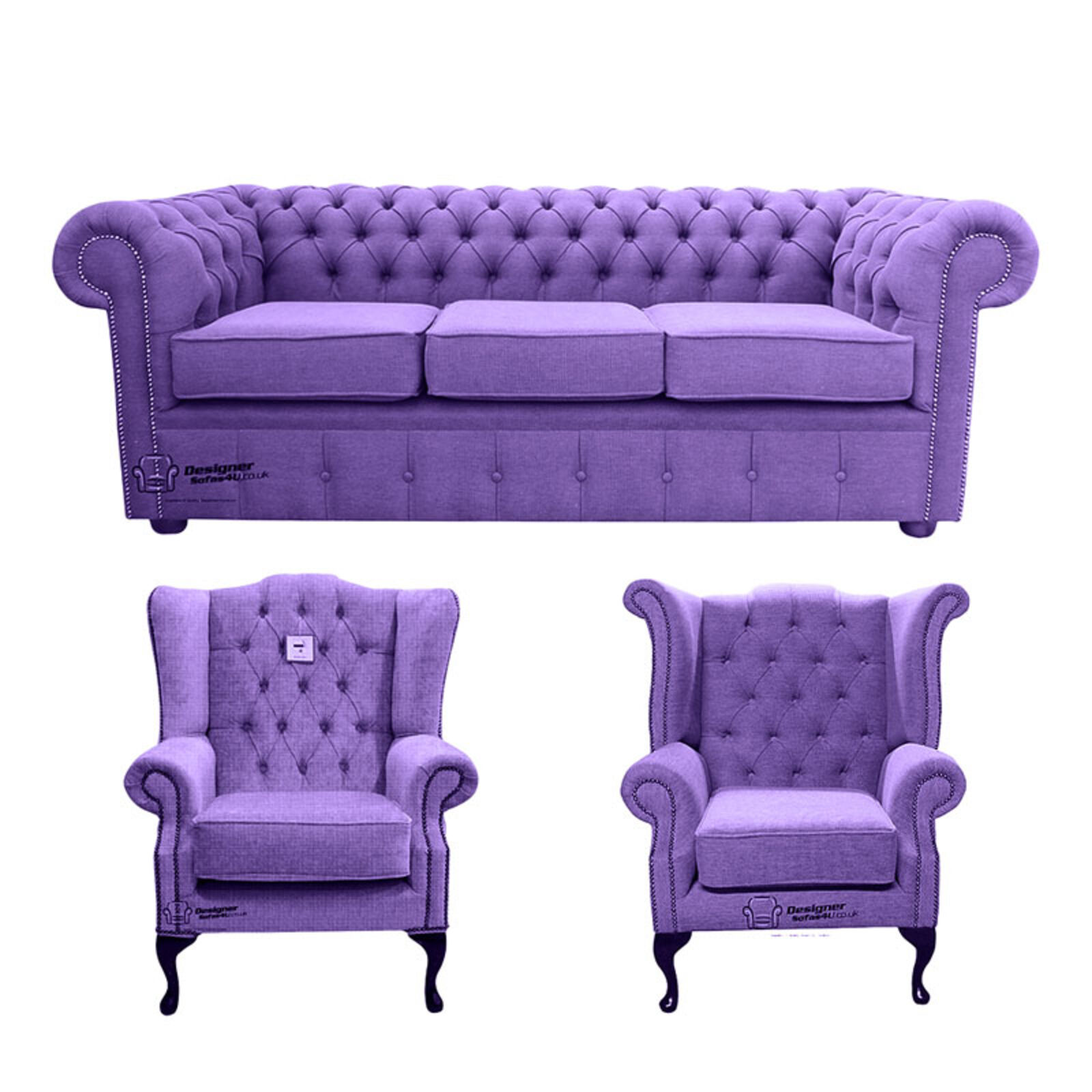 Product photograph of Chesterfield 3 Seater Sofa 1 X Mallory Wing Chair 1 X Queen Anne Wing Chair Verity Purple Fabric Sofa Suite Offer from Designer Sofas 4U