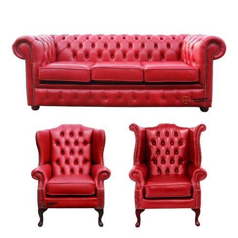 Chesterfield 3 Seater Sofa + 1 x Mallory Wing Chair + 1 x Queen Anne Chair Old English Gamay Red Leather Sofa Offer
