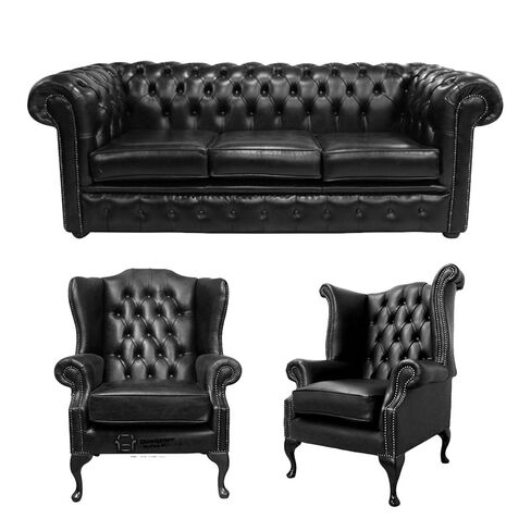 Chesterfield 3 Seater Sofa + 1 x Mallory Wing Chair + 1 x Queen Anne Chair Old English Black Leather Sofa Offer