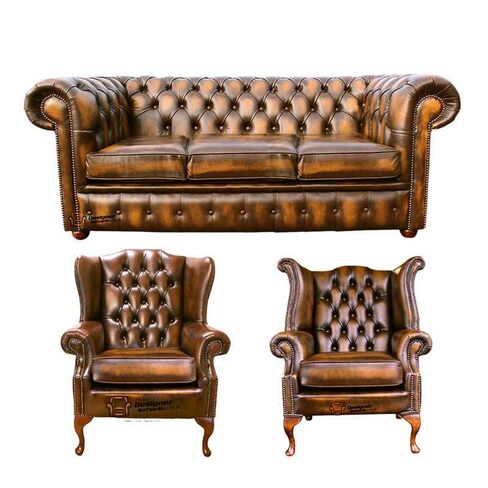 Chesterfield 3 Seater Sofa + 1 x Mallory Wing Chair + 1 x Queen Anne Wing Chair Leather Sofa Suite Offer Antique Gold